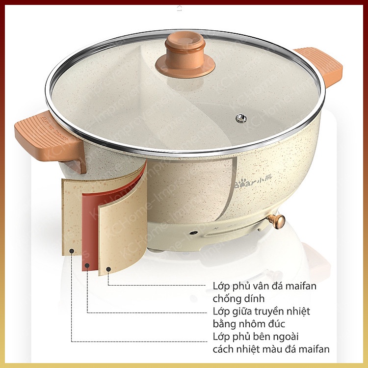 Nồi Lẩu Nướng Điện Uyên Ương Bear Đa Năng 2 Ngăn, 5L, Chính Hãng DHG-C50K1, 1500W, KC Home, BH 6 Tháng