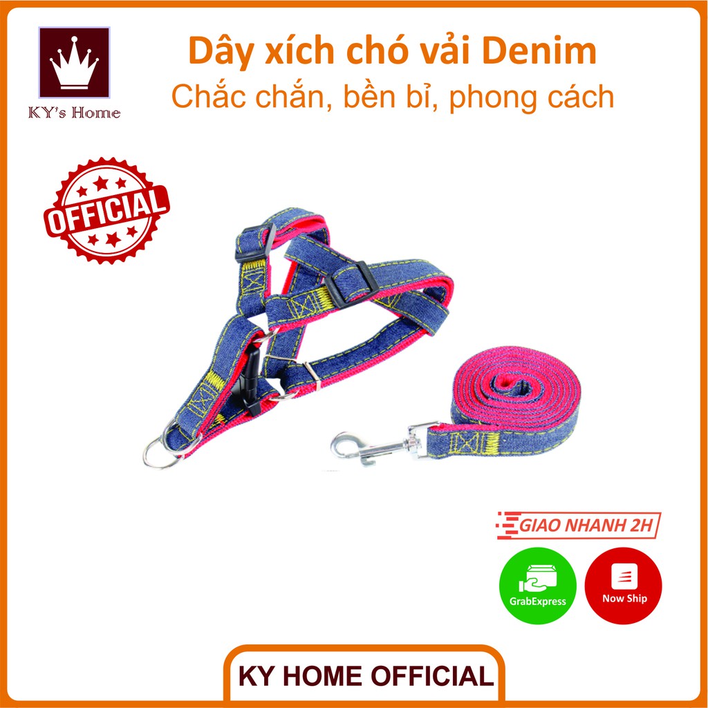 Dây dắt xích chó cầm tay vải Denim kèm đai ngực yếm ngực nhiều màu nhiều size