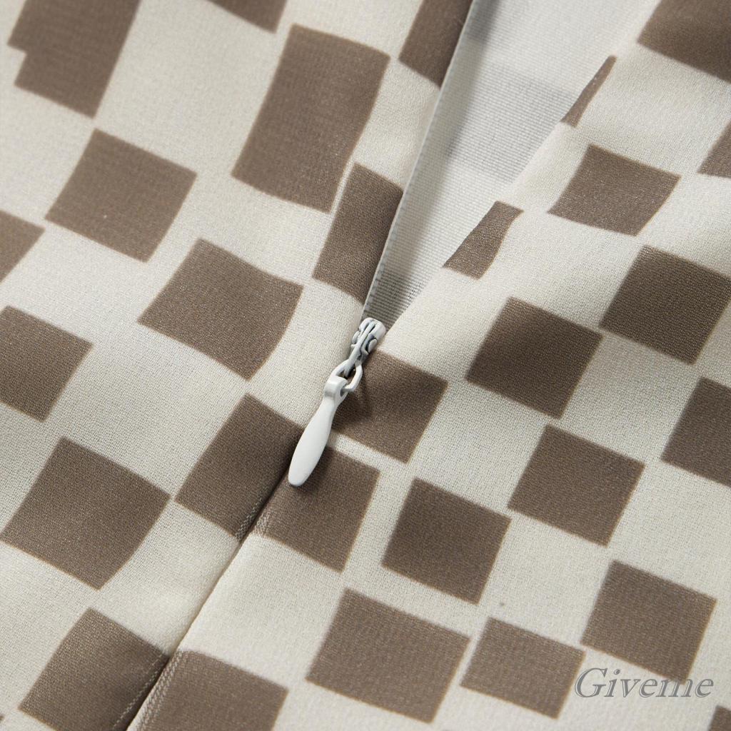 Đầm Dài Cổ Tròn Hở Lưng Tay Loe In Họa Tiết Kẻ Ô Cho Nữ