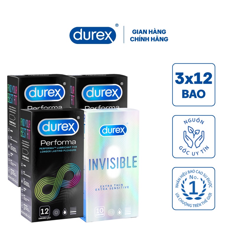 Bộ 3 hộp bao cao su Durex Performa 12 bao/hộp + 1 hộp Durex Invisible 10 bao/hộp