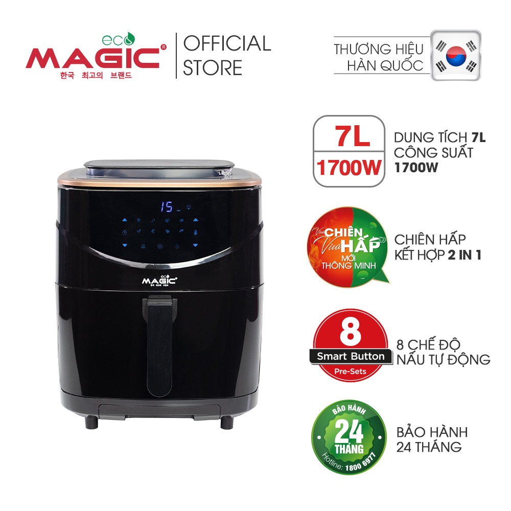 Nồi chiên không dầu kết hợp hấp Magic Eco S07 7L cho gia đình 8-10 người,8 chế độ chiên-hấp tự động,bảo hành chính hãng