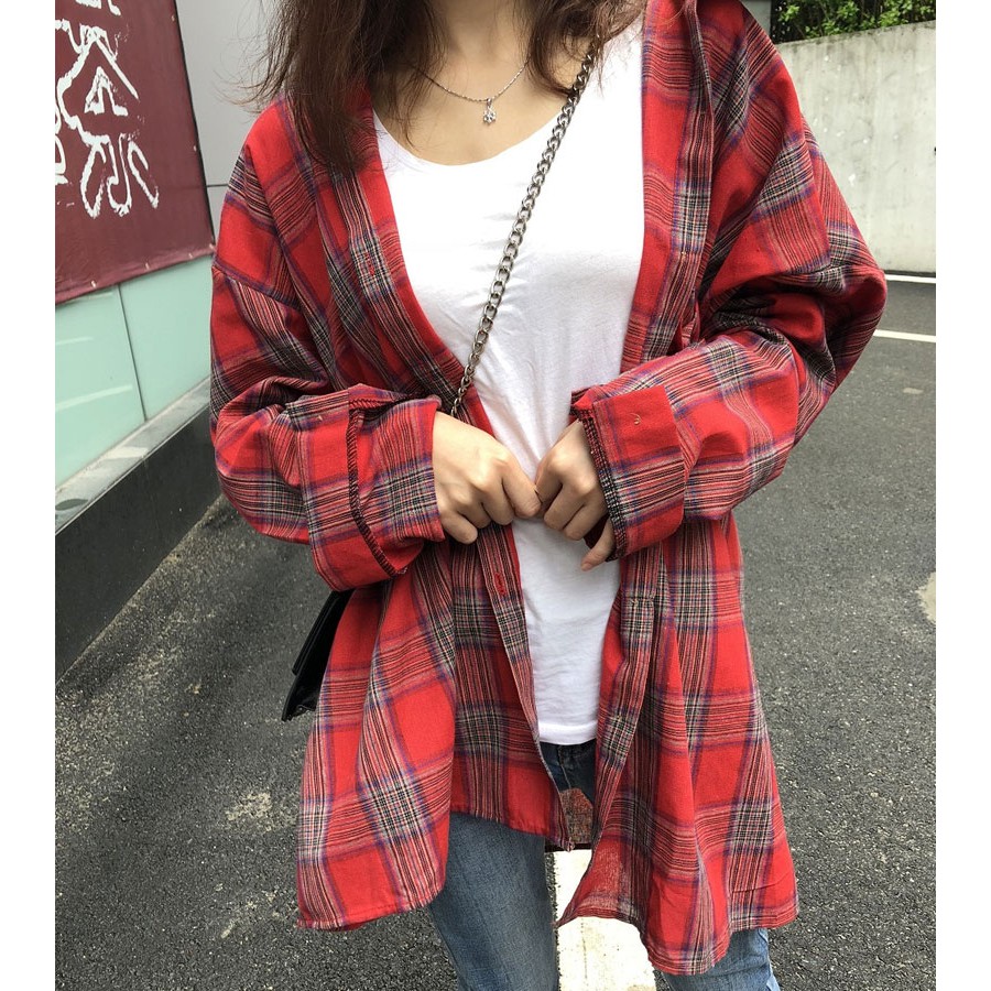 Xiaozhainv Áo sơ mi tay dài dáng suông phối họa tiết kẻ sọc retro kích cỡ M-4XL cho nữ