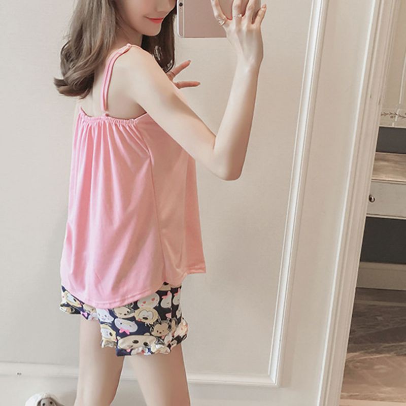 Bộ đồ ngủ 2 dây in hình chuột Mickey màu hồng kèm quần lót