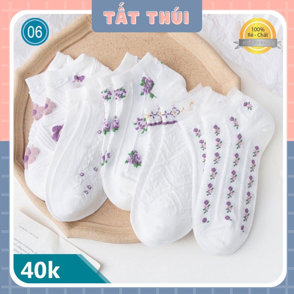 [Mã SRBACK010912 hoàn 20K xu đơn 50K] Set 5 Đôi Tất Họa Tiết Hoa Lá Kiểu Dáng Hàn Nhật