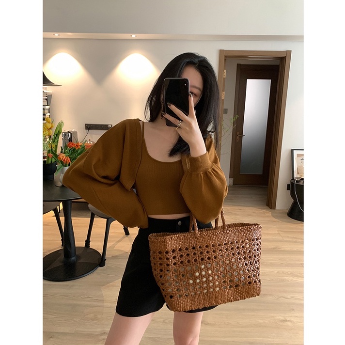 Porozi  Áo khoác cardigan dệt kim  mỏng dáng ngắn dài tay thời trang Hàn Quốc dành cho nữ