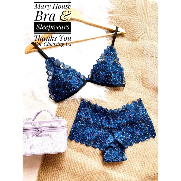 [BÁN LẺ GIÁ SỈ] Set bralette ren mút ngực quần đùi xanh đậm Mary House Bra & Sleepwears