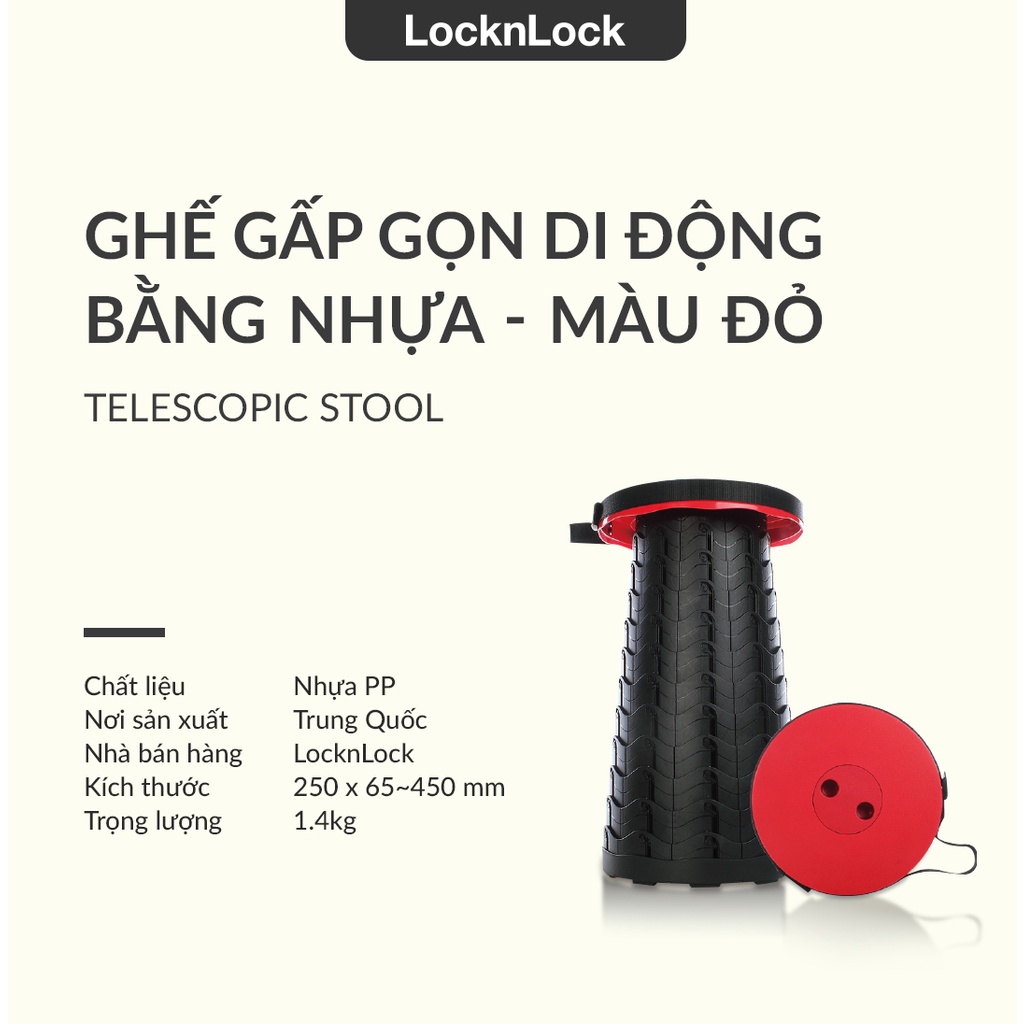 [Mã LIFEHL25 giảm 10% đơn 350K] Ghế gấp gọn di động bằng nhựa Lock&amp;Lock Telescopic Stool - Màu đỏ LHI519RED