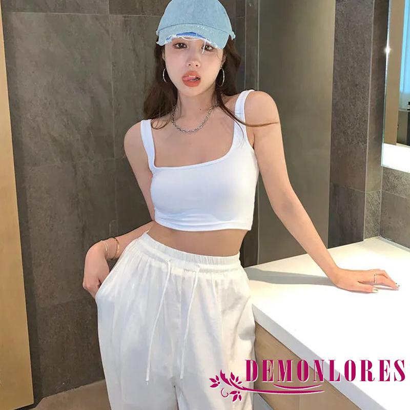 DEMQ-Women Workout  Adults Casual Slim-fit Solid Color Square Collar Korean Style Crop Tops