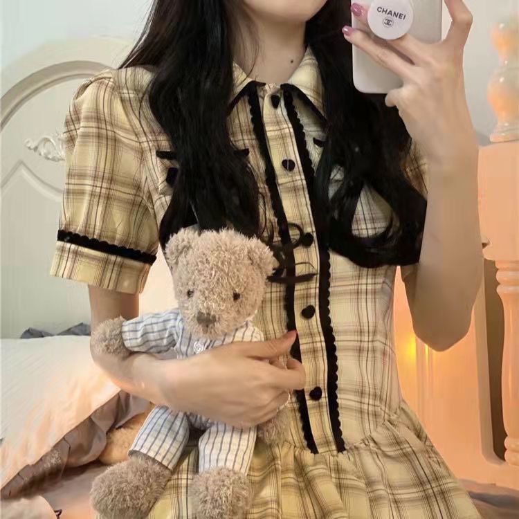 Váy dáng xòe 2 lớp thắt nơ kẻ caro vàng cực xinh Ảnh thật