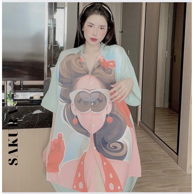 Váy sơ mi dáng dài xuông bigsize thiết kế lụa ngủ cao cấp chất lụa mango SAKURA BK