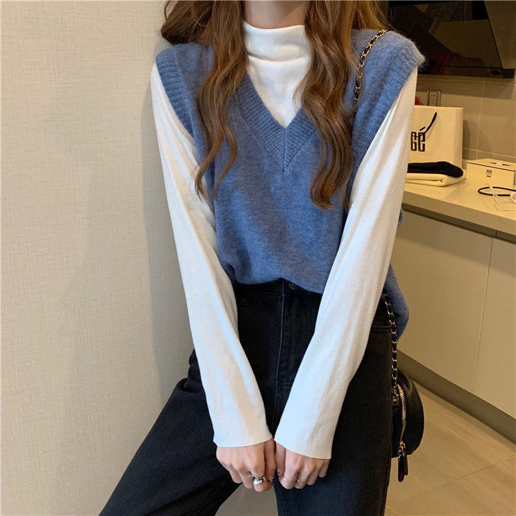 Áo sweater dáng ghi lê xẻ cổ chữ V màu trơn ôm dáng thời trang cho phái nữ