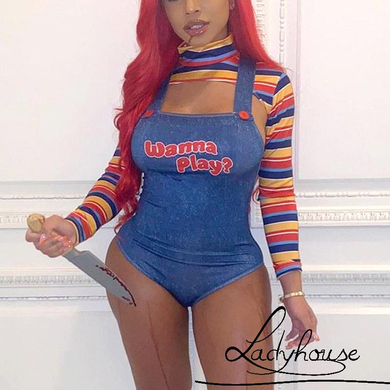 Bộ 2 Món Áo Liền Quần + Áo Croptop Tay Dài Cổ Cao In Chữ Quyến Rũ Dành Cho Nữ