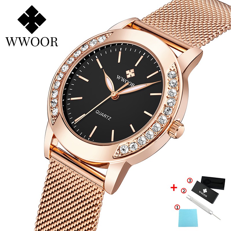 Đồng hồ WWOOR 8877 thạch anh dây thép không gỉ màu vàng hồng chống nước cho nữ