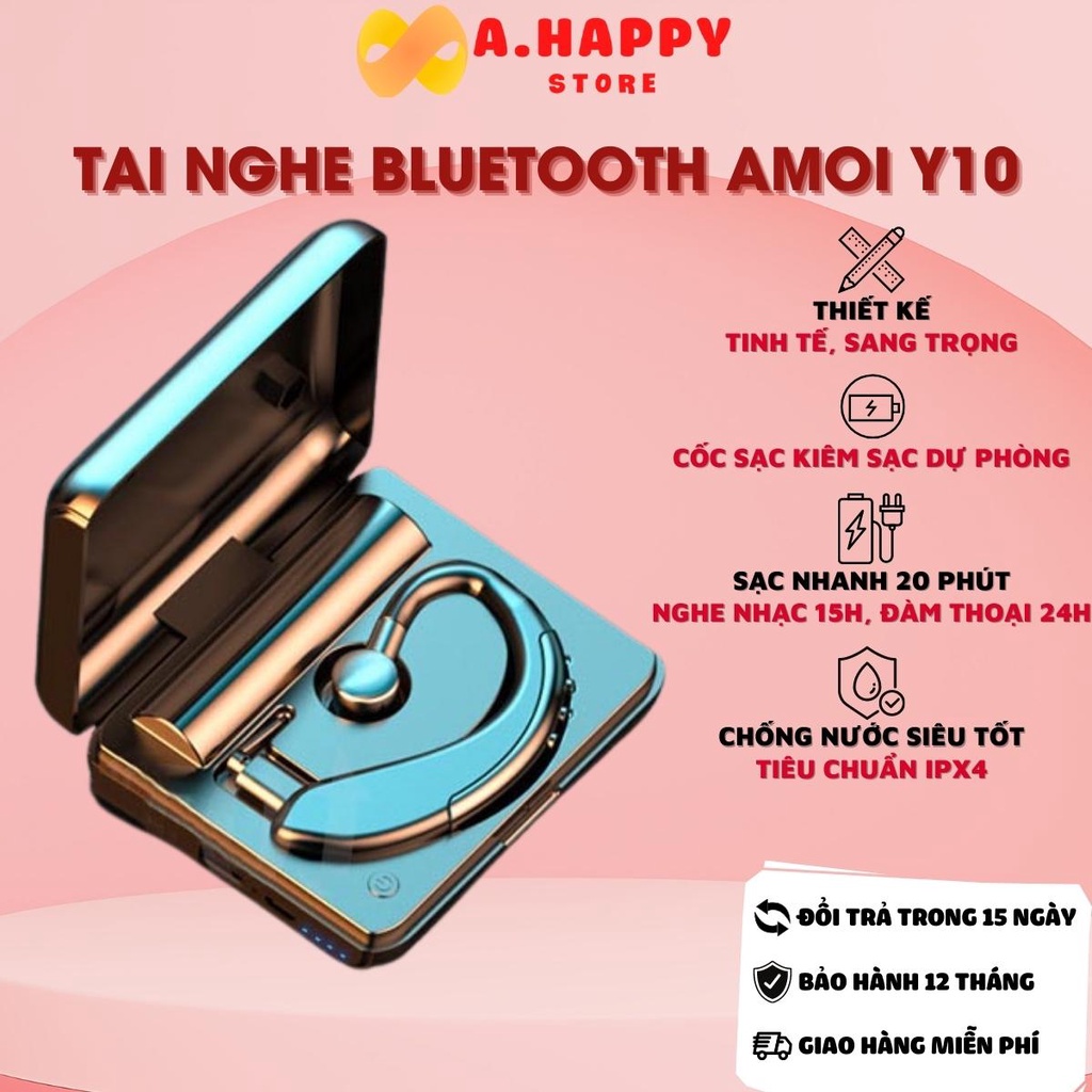 Tai nghe Bluetooth không dây AMOI Y10 | Sạc siêu nhanh 20 phút, cốc sạc kiêm sạc dự phòng 1200mAh, đàm thoại, nghe nhạc