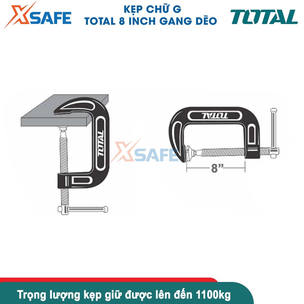 Cảo chữ C đa năng cao cấp TOTAL 8&quot; kẹp chữ G chất liệu gang đúc nguyên khối cứng không gỉ chịu lực 1100kg gia công đá gỗ