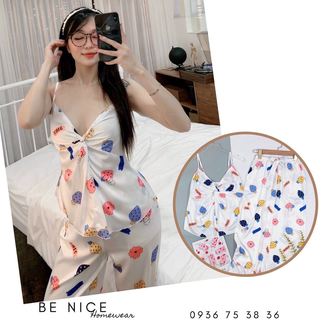 Set dây lụa dài mặc nhà xoắn ngực nhiều họa tiết xinh xắn | BigBuy360 - bigbuy360.vn