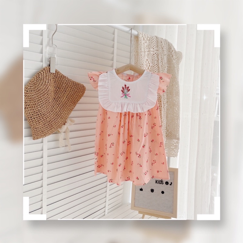 Váy hè cánh tiên cổ trắng váy nền màu hoa nhí cho bé 8-19kg (6 tháng -5tuổi)