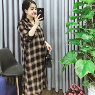 Váy caro , váy nâu đậm , áo lụa