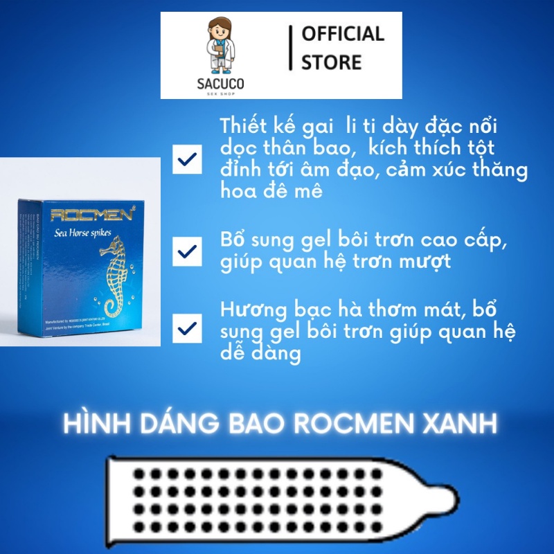 Bao cao su ROCMEN cá ngựa xanh cao cấp, gân gai, mát lạnh, kéo dài thời gian, hộp 10 bcs SACUCO RM1