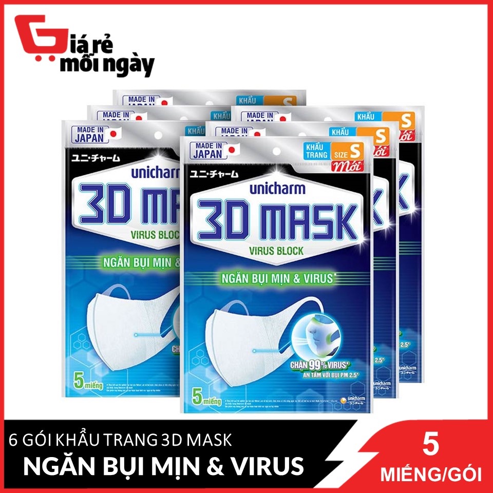 Bộ 6 Gói Khẩu Trang Ngăn Virút Unicharm 3D Mask Virus Block (5 Cái / Gói)