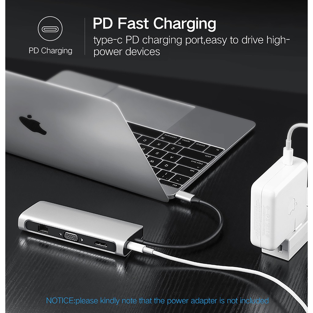 Bộ Chuyển USB Type-C ra HDMI + VGA + Lan + USB 3.0 + Card TF/SD + PD Charging Cao Cấp UGREEN 40873