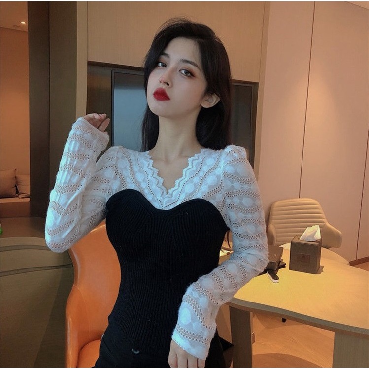【ZHELIHANGFEI】Áo Dệt Kim Dáng Ôm Cổ Chữ V Phối Ren Phong Cách Sang Trọng Dành Cho Nữ