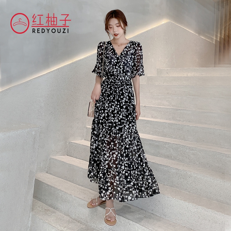 Đầm Voan Hoa Màu Đen Dáng Dài Cổ Chữ V Có Size S-Xl Dành Cho Nữ