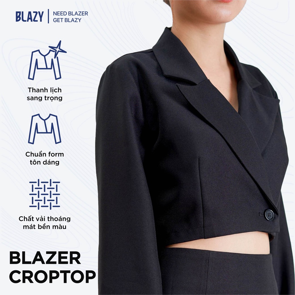 Set Áo Blazer Nữ Croptop Dài Tay Kèm Chân Váy BLAZY - Màu Đen/ Xanh Chất Kaki Dày Dặn, Chống Nhăn, Phong Cách Hàn Quốc