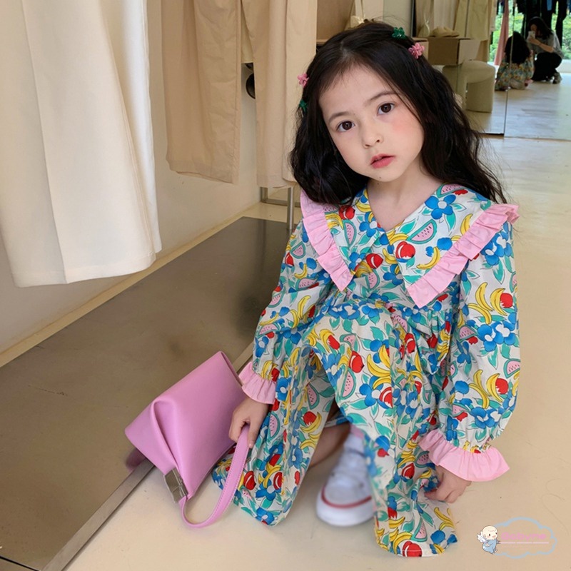 Đầm Tay Phồng Cổ Tròn In Hoa Thời Trang Xinh Xắn Cho Bé Gái