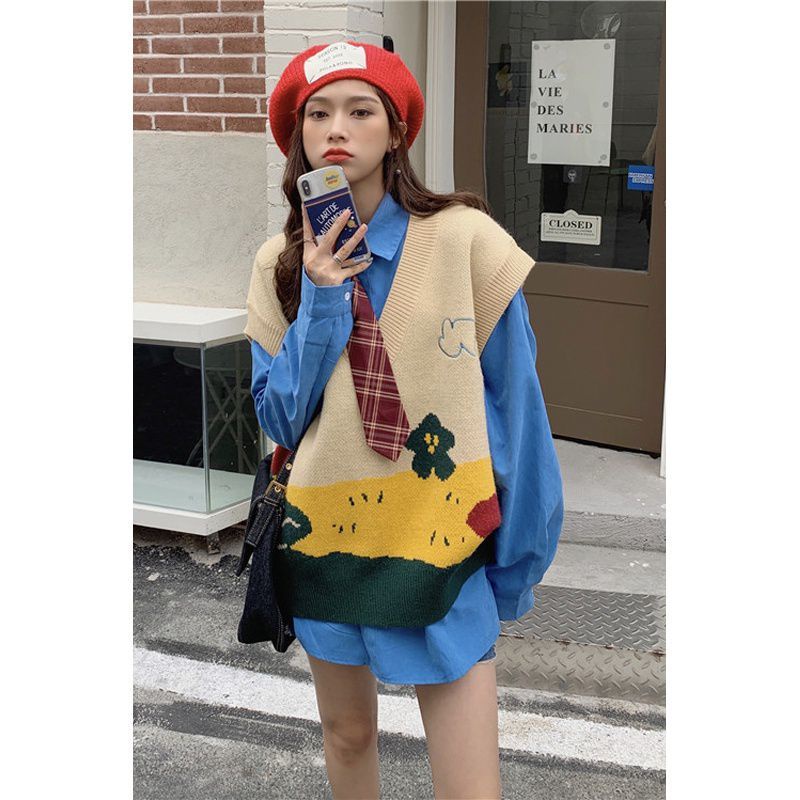 Set áo len không tay và áo sơ mi tay dài thời trang dành cho nữ