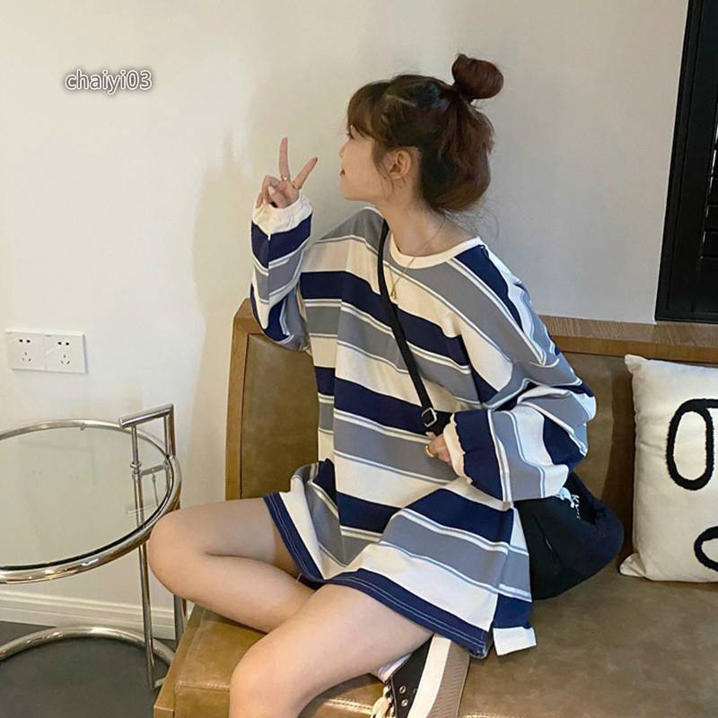 Áo Thun Nữ Tay Dài Kẻ Sọc Ngang Phối Màu Thời Trang