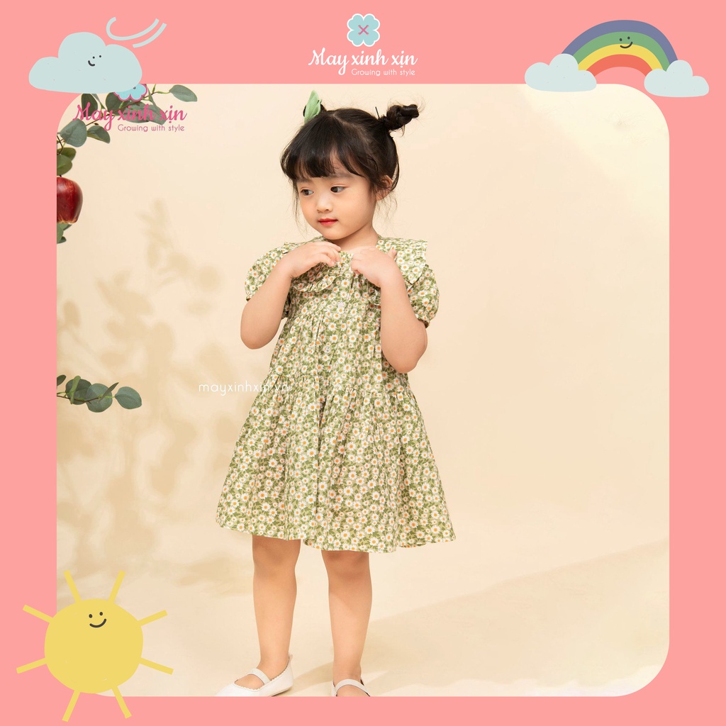 Váy hè bé gái - Váy thiết kế cho bé - Đầm hè thiết kế cho bé gái - váy thô hoa nhí xanh lá Daisy
