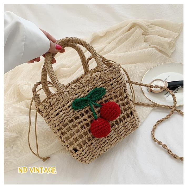 Túi Cói Đi Biển Đeo Chéo, Gắn Quả Cherry, Có Dây Rút Giữ Đồ, Shop Tặng Kèm Nơ Xinh Xắn | BigBuy360 - bigbuy360.vn