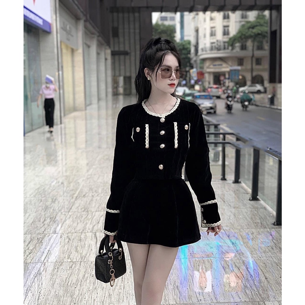 Set bộ đồ nữ nhung viền ren - set dạ mặc đi chơi, đi tiệc Thu Đông mix chân váy sang chảnh siêu xinh - Ngoc Uyên Store