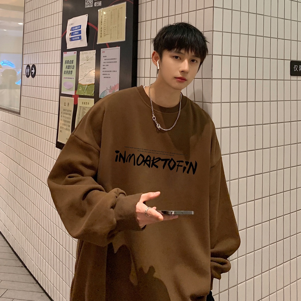 Áo Khoác Sweatshirt Ngoại Cỡ Tay Dài Hở Vai Màu Nâu Niche Đường Phố Cao Cấp ins