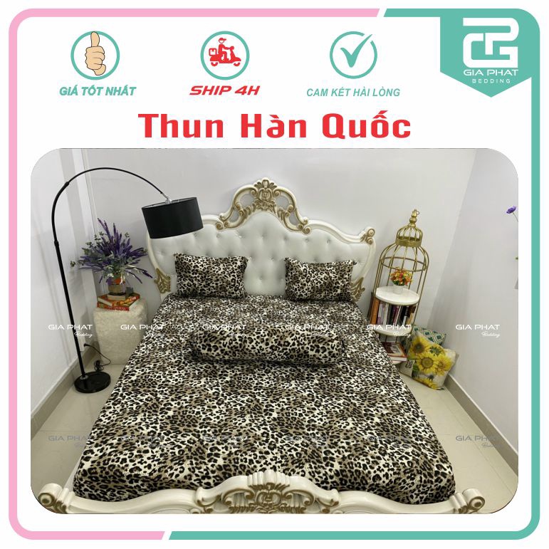 Bộ Ga Gối Thun Lạnh Hàn Quốc { 4 món } họa tiết Da Peo ( 1 ga bọc + 2 vỏ gối nằm + 1 vỏ gối ôm )
