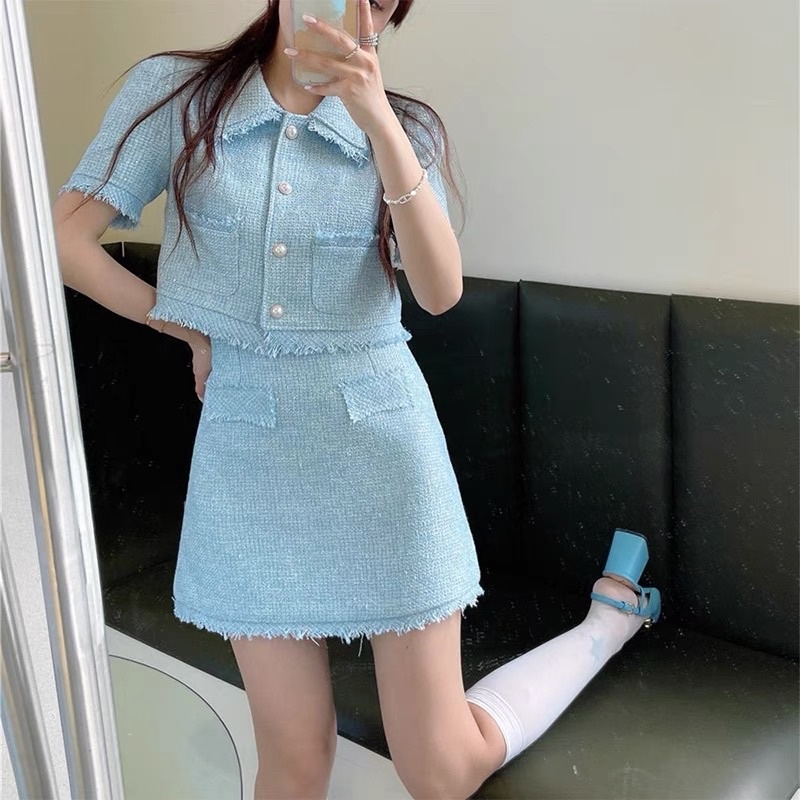 Set áo tay cộc chân váy chữ A dạ tweed cúc ngọc
