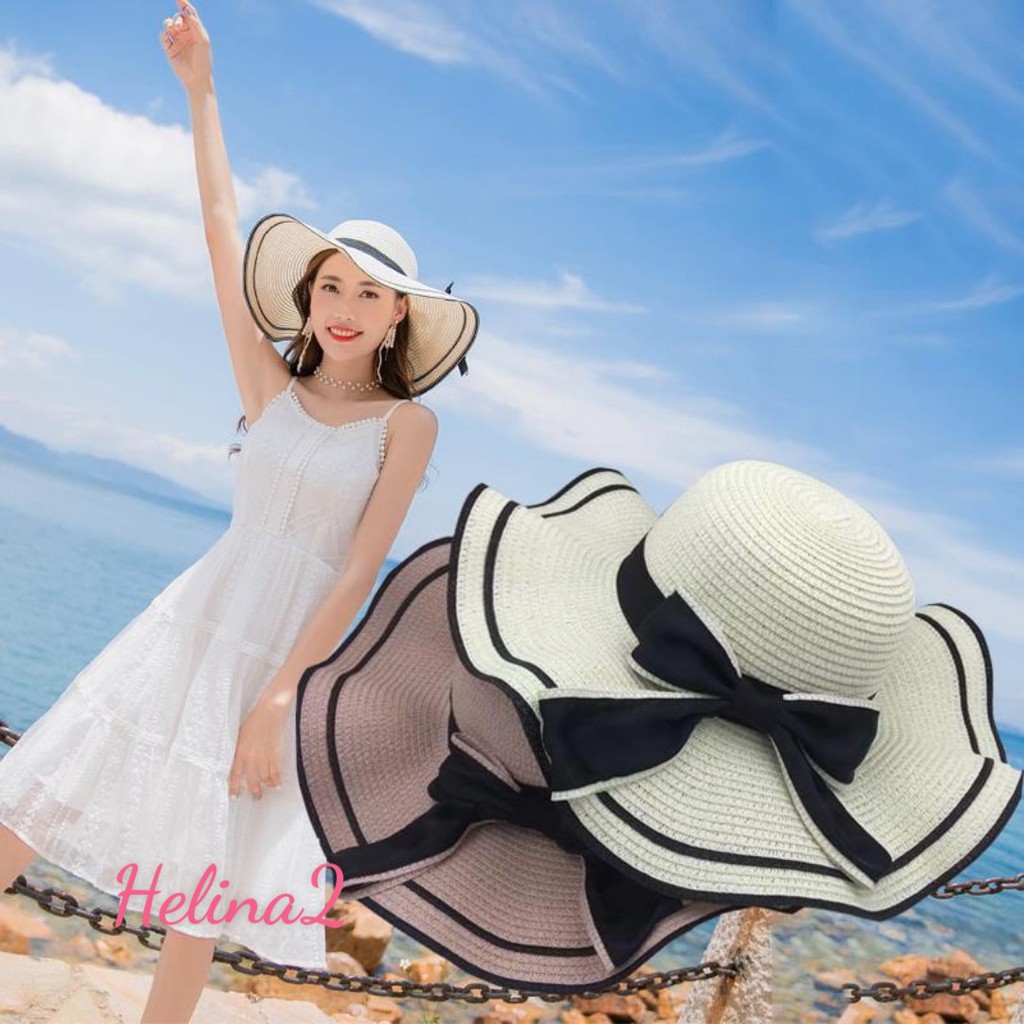 Mũ cói mềm, nón cói đi biển vành rộng phối nơ ren phong cách vintage chống nắng