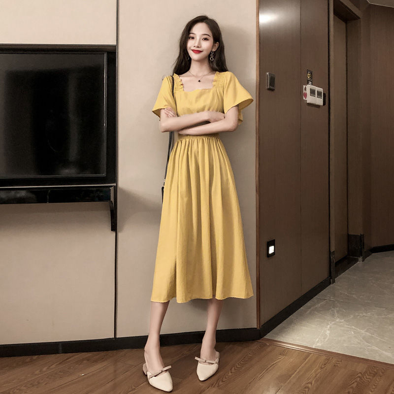 Large Size Yellow Long Skirt Palace Style Retro French Waist Slimming Chiffon Square Collar Dress2021New Summer | BigBuy360 - bigbuy360.vn