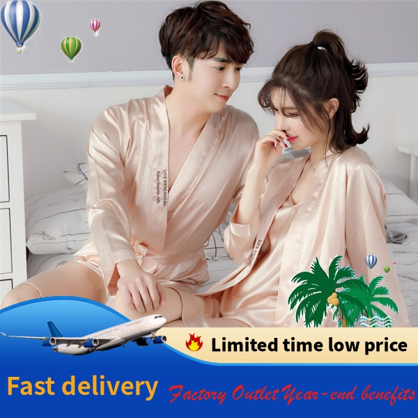 {Nightgown} Áo Choàng Ngủ/Ngủ Vải Lụa Mát Tay Dài Thời Trang Xuân Thu Dành Cho Cặp Đôi Nam Nữ----&----*&****