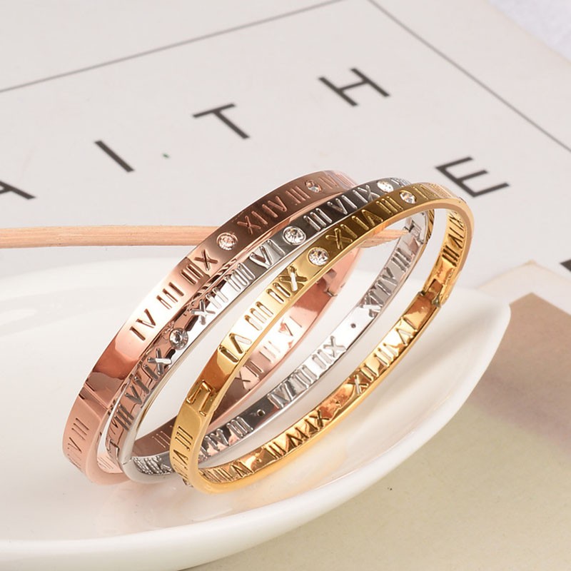 Vòng tay mạ vàng hồng 18k / bạc khắc chữ số la mã thời trang nam nữ phong cách Hàn Quốc