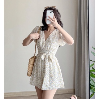 Váy Jum hoa nhí vàng dáng ngắn tay, bo eo, nơ bụng