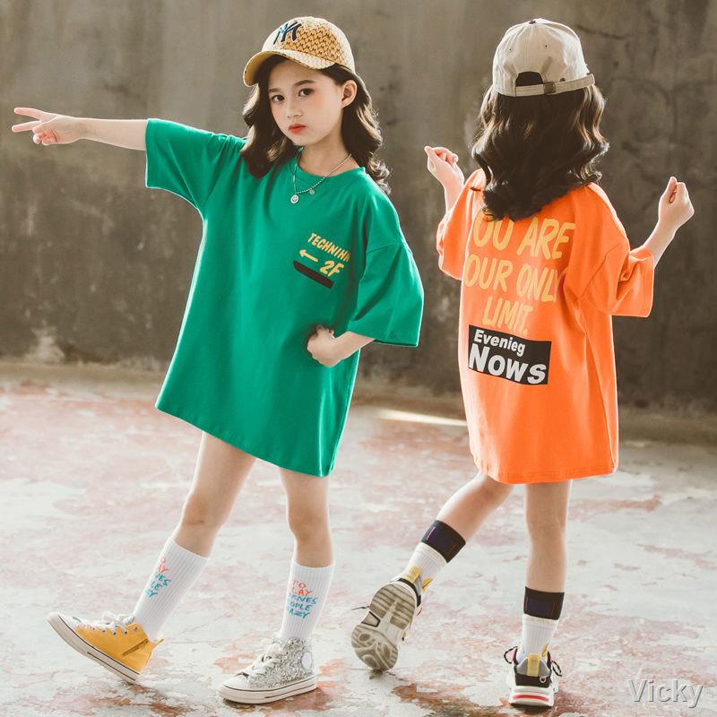 Bé gái mùa hè 2021 cotton ngắn tay Áo phông cộc tay dài rộng cỡ trung của trẻ em, áo dài tay lửng kết hợp với chân váy v