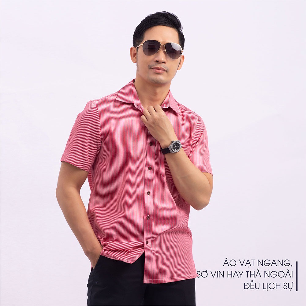 Áo Sơ Mi Nam Ngắn Tay Trung Niên ANCHI Hoạ Tiết Kẻ Đỏ Vải Sợi Tre Cao Cấp