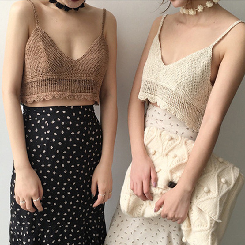 Áo không tay cổ xẻ V dạng ngắn đan len hoa thời trang Hàn Quốc
