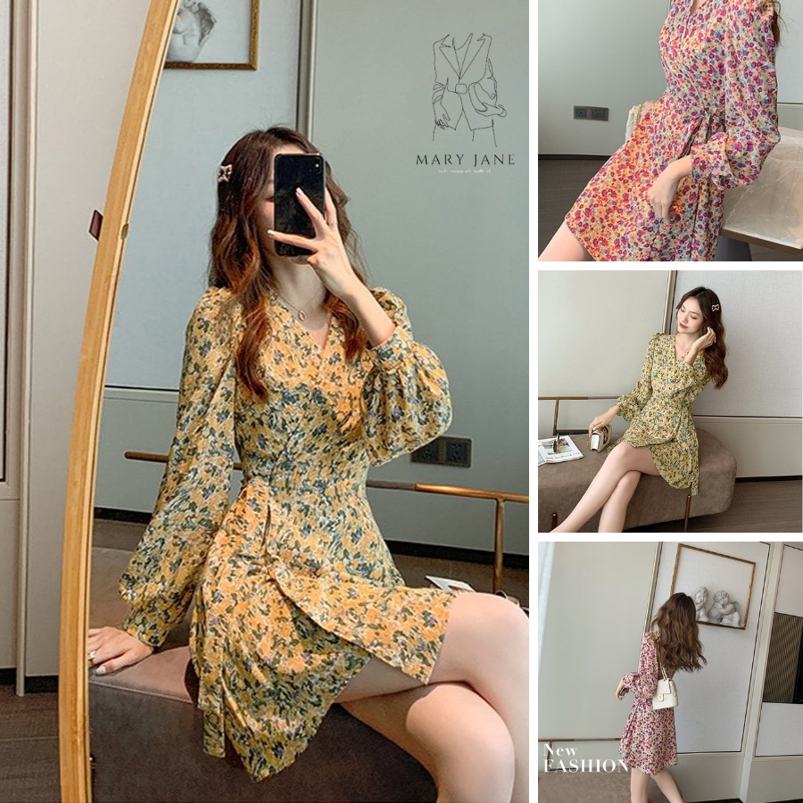 Váy đầm hoa nhí V02 cổ chữ V Hàn Quốc dáng Vintage dài tay, ngọt ngào, nữ tính