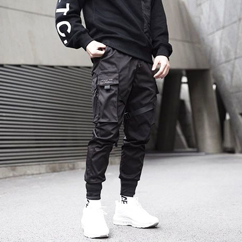 Quần Jogger Dài 6 Túi Màu Đen Dáng Ôm Lưng Thun Phối Dây Rút Phong Cách Hip Hop Đường Phố Cho Nam