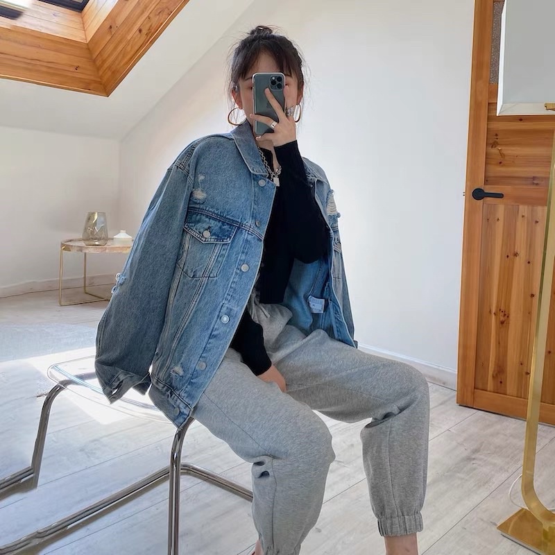 Áo khoác jeans BigSize Rách Kiểu phom Unisex Nam Nữ mặc MLJ