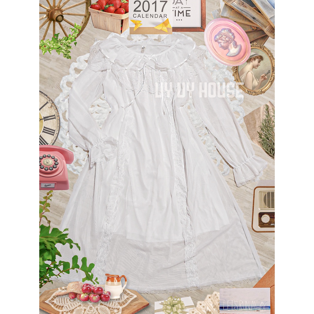 Váy ngủ tay dài phối ren tiểu thư vintage retro