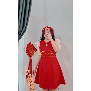 [Shop bigsize nữ 50kg-90kg] Đầm Tết cách tân kèm mấn màu đỏ, đen